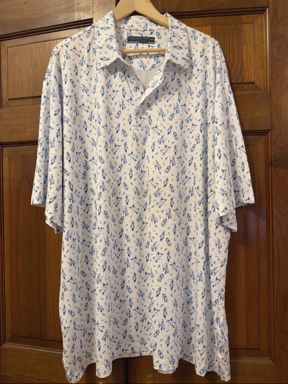 Roundtree & Yorke White Polo with Blue Micro Print